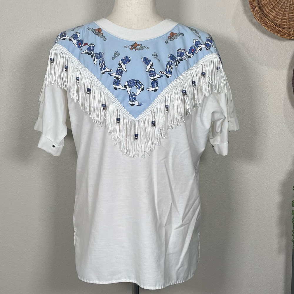 Vtg South Western Blouse Cowboy Boots & Spurs White Fringe Blue Beads Medium